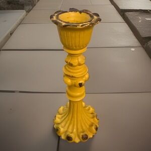 Vintage Yellow Resin Candle Holder.  Antique painted Iron look. Stand 6.75" tall